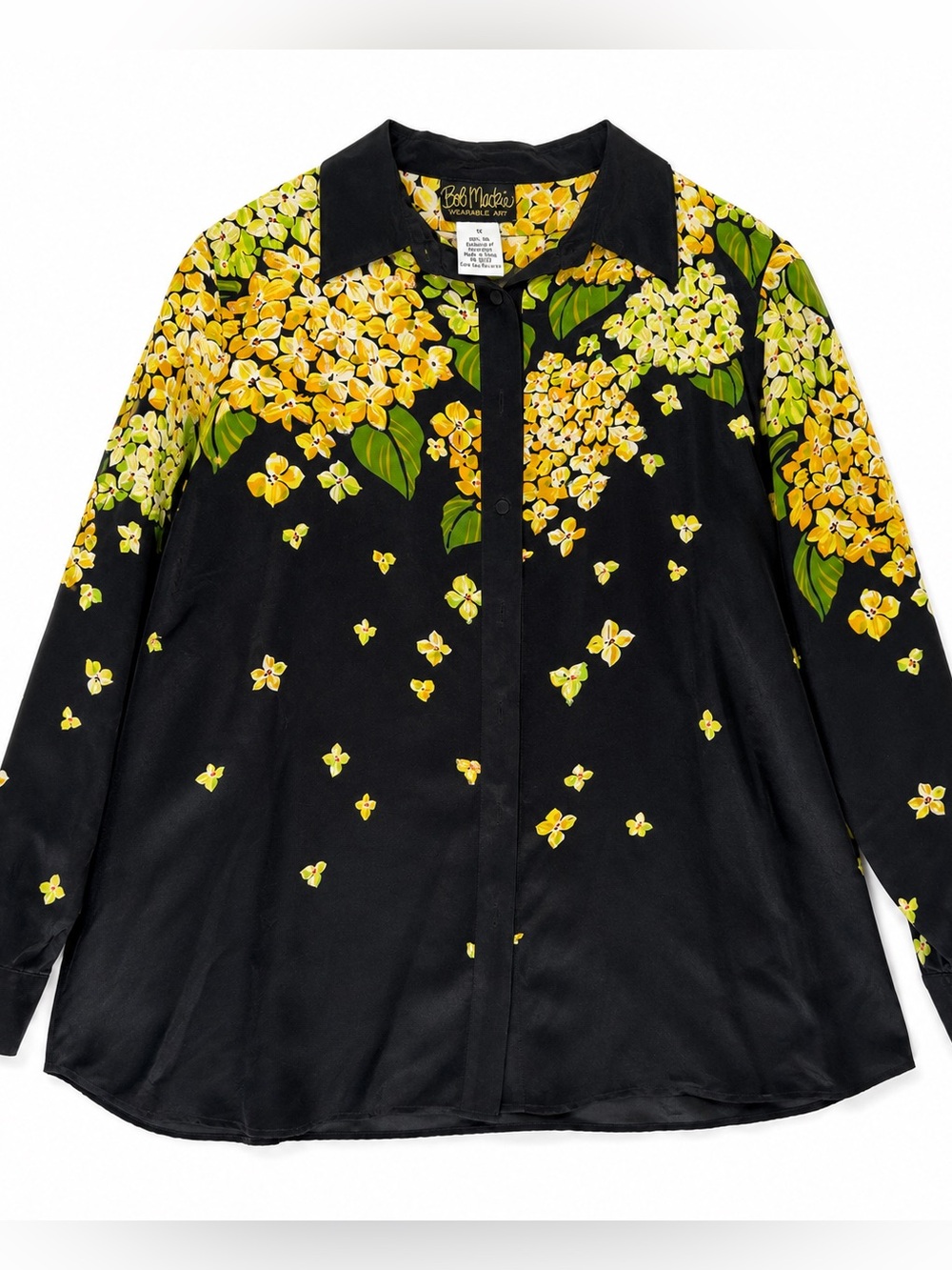 Bob Mackie Wearable Art 100% Silk Floral Button Front Blouse Top 1X Black Yellow